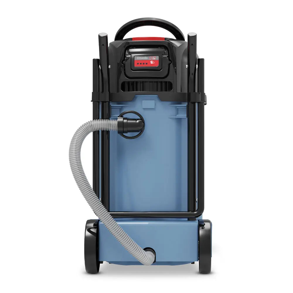 Blue and black industrial wet/dry vacuum with hose, wheels, and digital display for commercial cleaning use