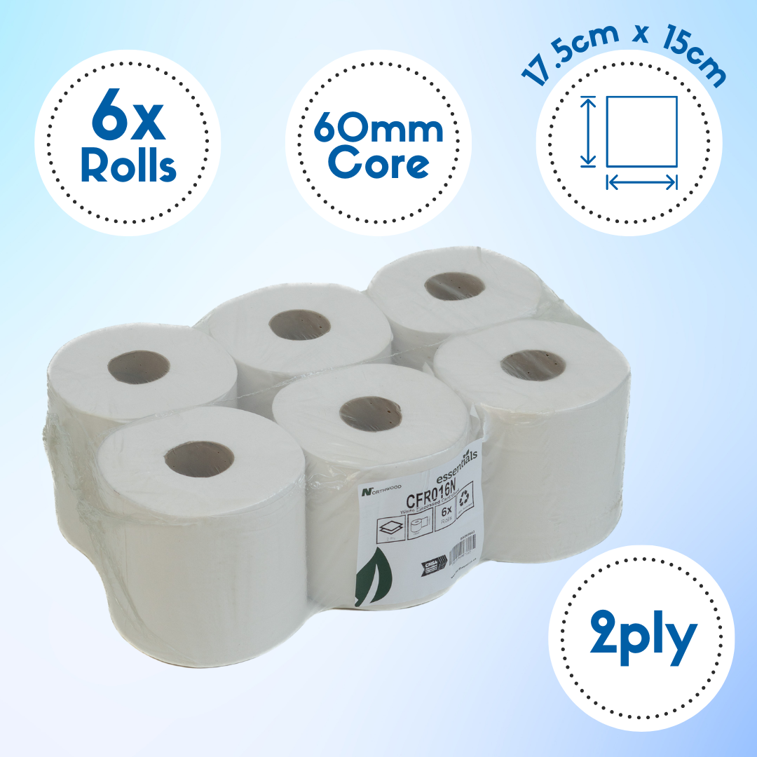 White Centre Feed 2 Ply 150m Embossed (6 pack)- CFR016