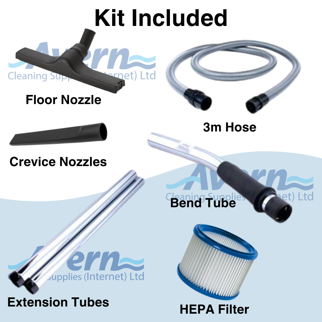 Nilfisk Attix 50-01 PC vacuum accessory kit showing hoses, nozzles, and HEPA filter