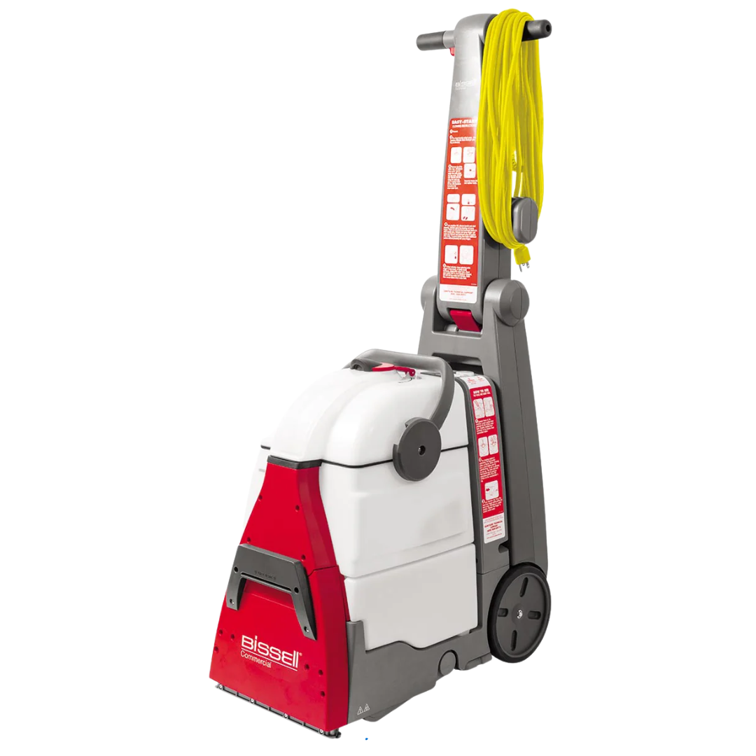 Bissell DC100 Big Red commercial carpet cleaner with upright design and large solution tank for industrial cleaning