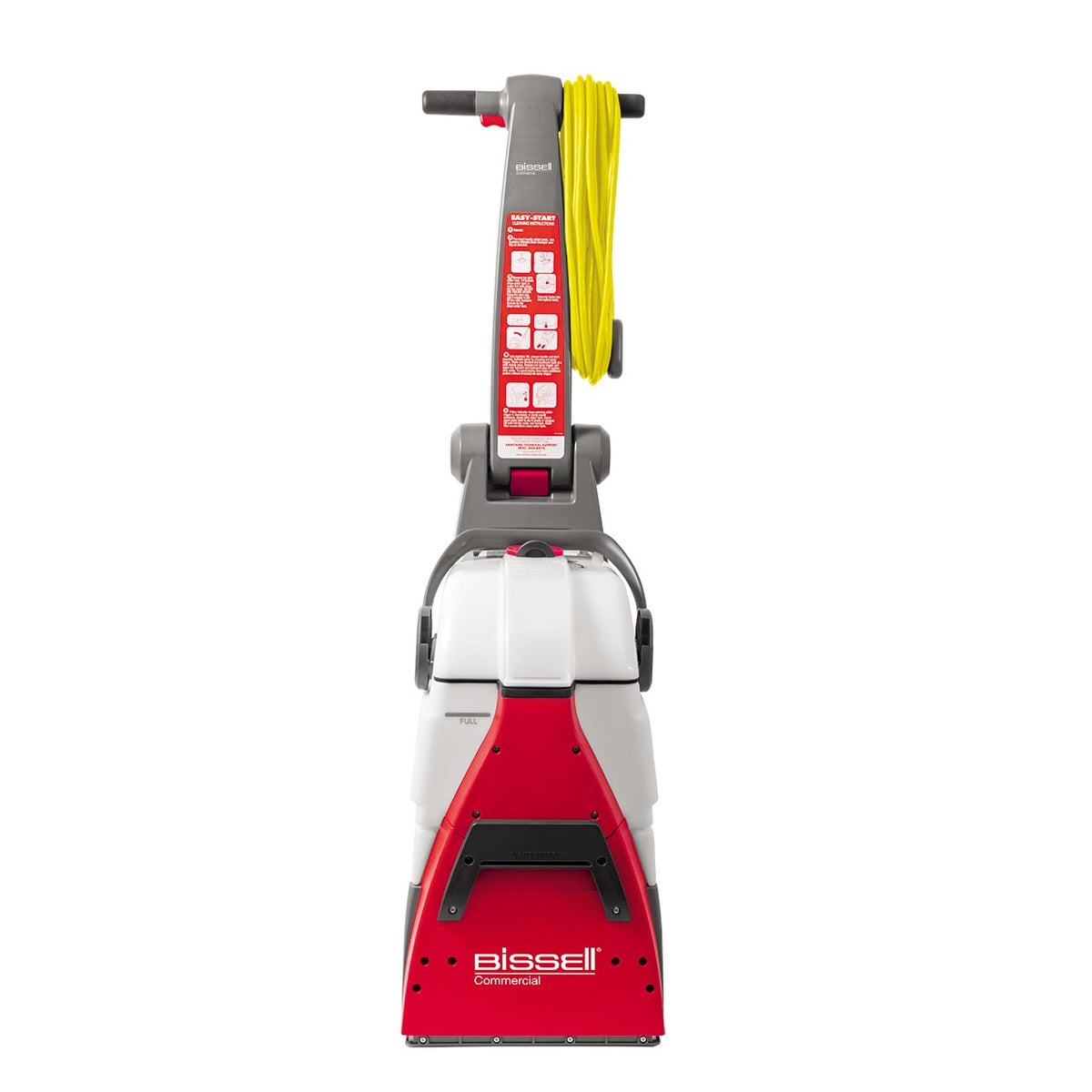 Front view of the Bissell DC100 showing ergonomic handle, controls, and tall upright body