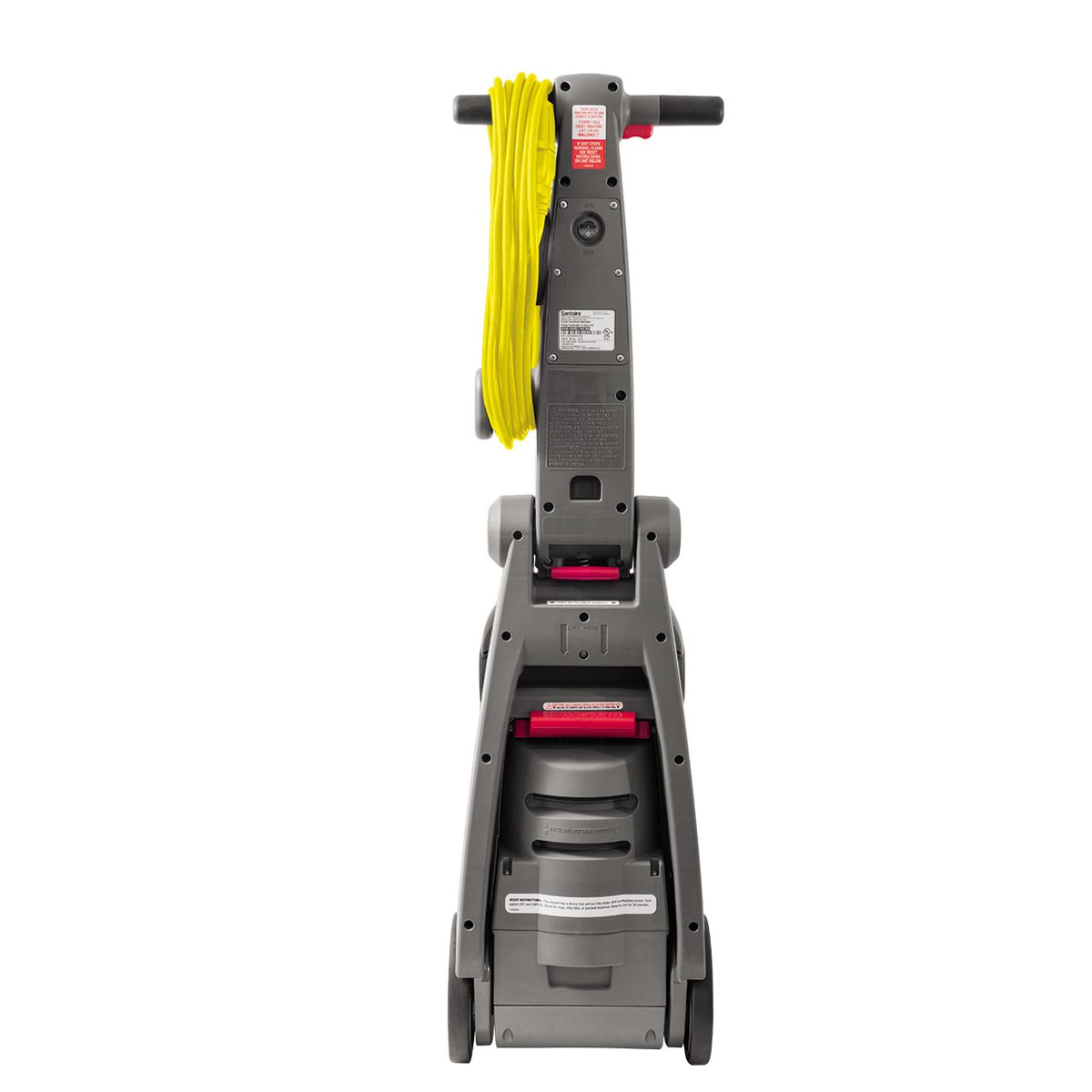 Rear angle of Bissell DC100 carpet cleaner showing recovery tank and transport wheels