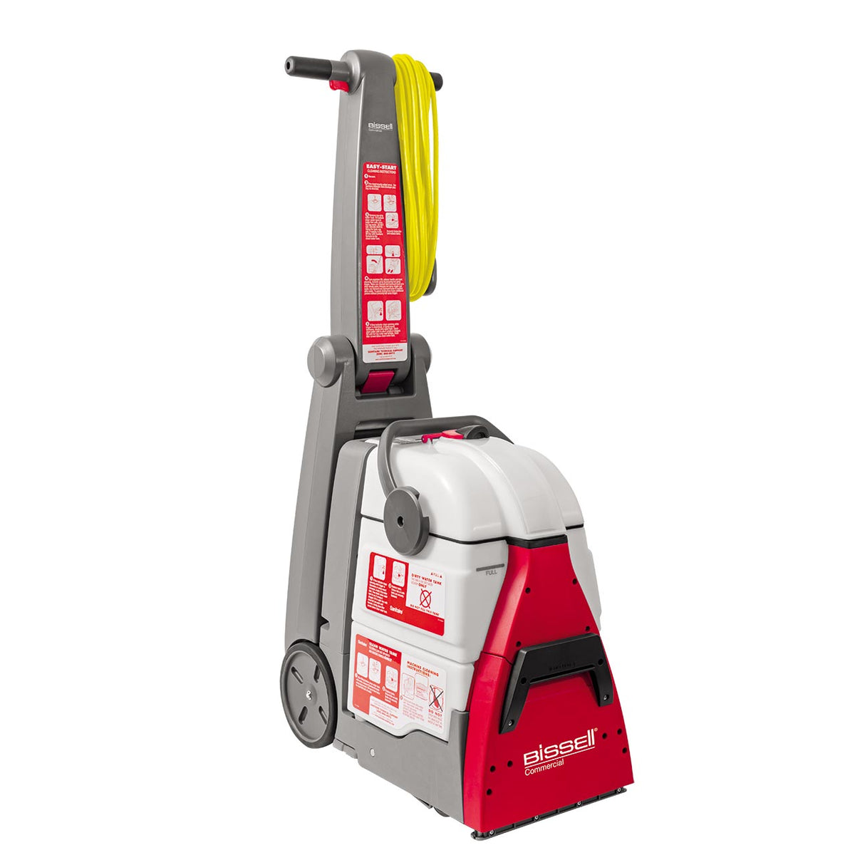 Side profile of Bissell DC100 Big Red carpet cleaning machine with hose storage