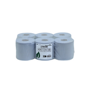 Six-pack of 150m 2-ply blue centrefeed paper rolls for commercial cleaning and wiping
