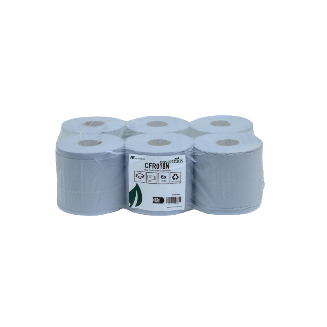 Six-pack of 150m 2-ply blue centrefeed paper rolls for commercial cleaning and wiping