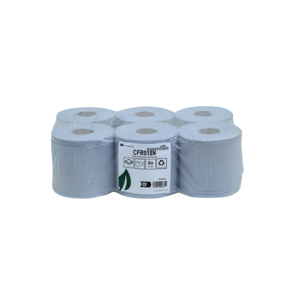 Six-pack of 150m 2-ply blue centrefeed paper rolls for commercial cleaning and wiping