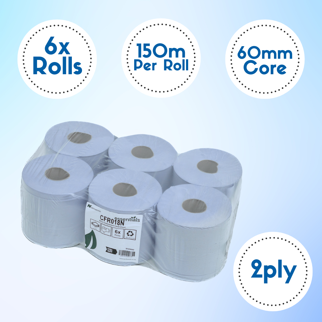 Product specification image showing 150m length, 2-ply paper, 60mm core and 6-roll pack
