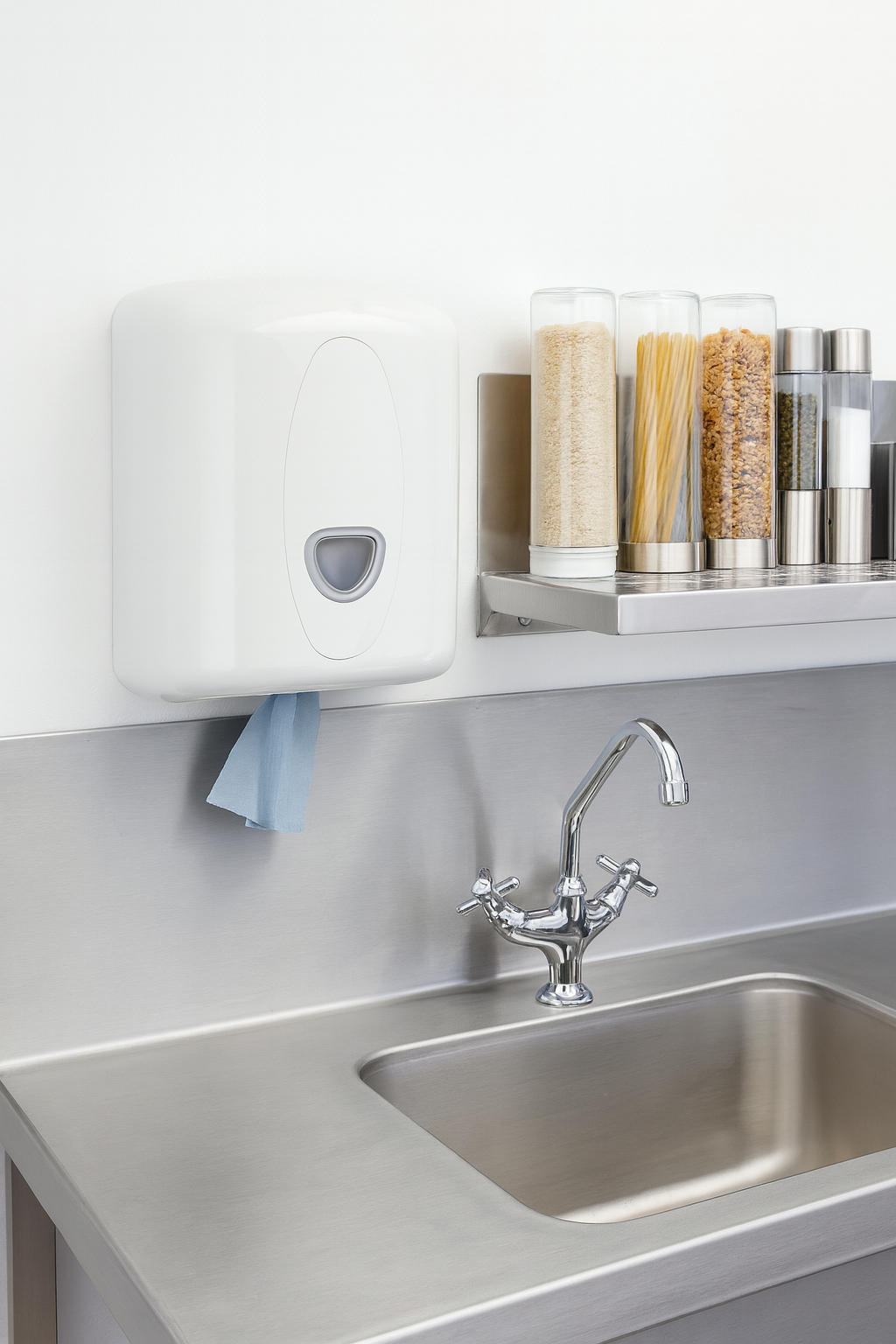 Blue centrefeed roll displayed in a wall-mounted dispenser for washroom or kitchen use