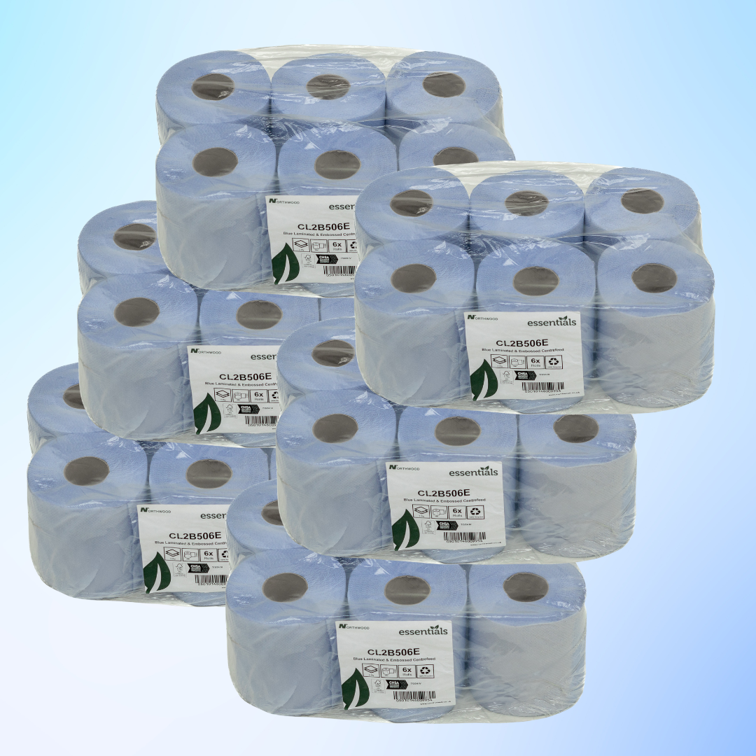 Blue Rolls Paper Centrefeed (36 Pack) 2PLY Embossed 50Mx168mm - CL2B50
