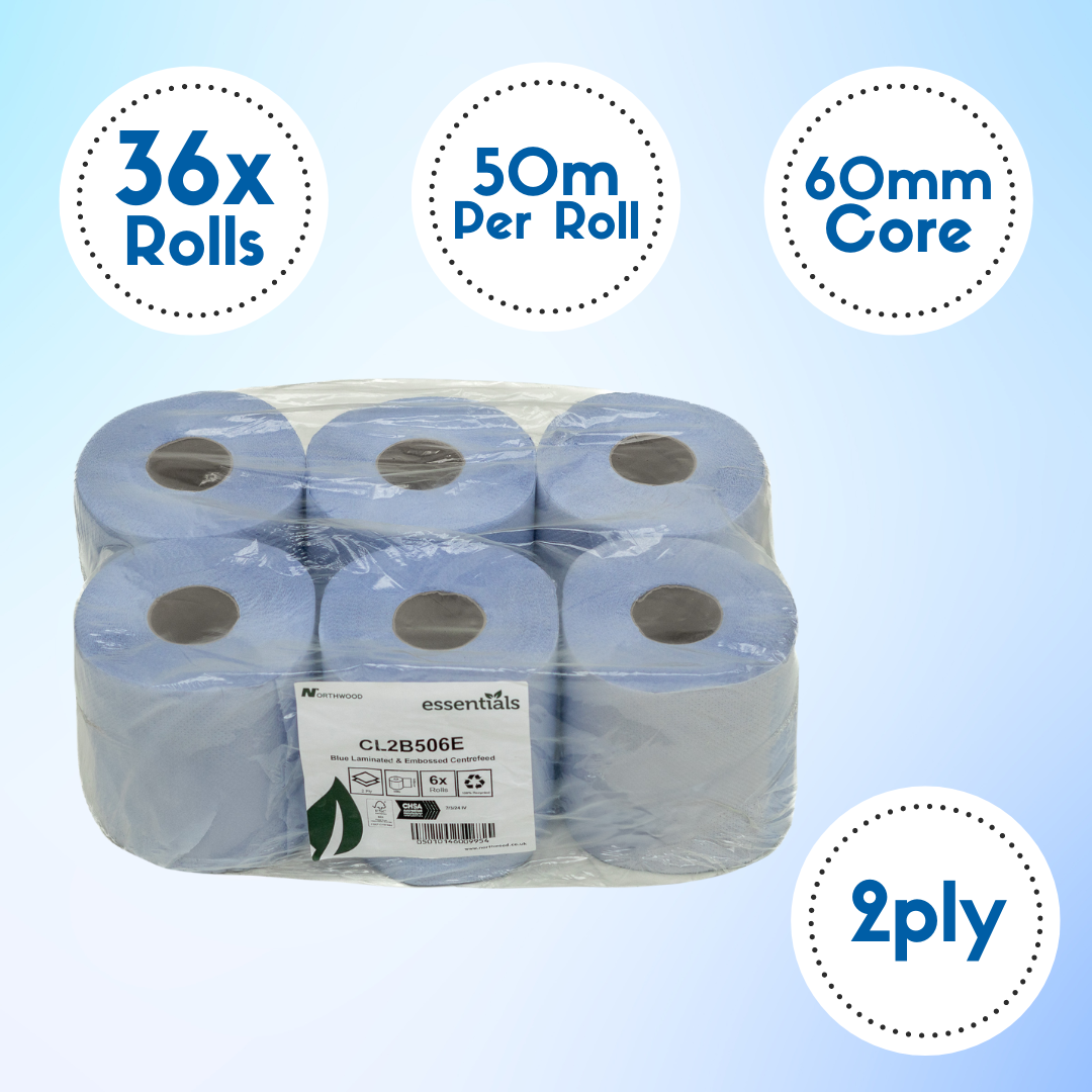 Blue Rolls Paper Centrefeed (36 Pack) 2PLY Embossed 50Mx168mm - CL2B50