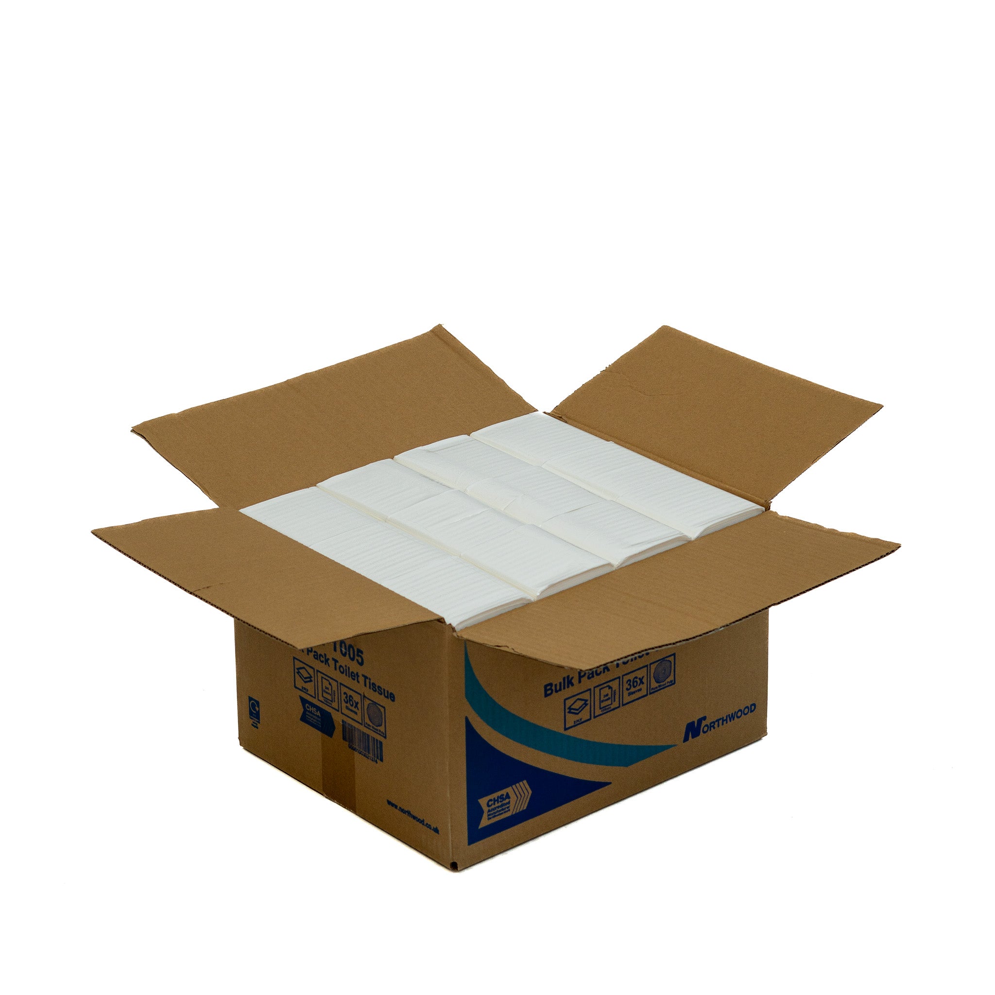 Flat-packed bulk toilet tissue paper carton ready for storage and distribution