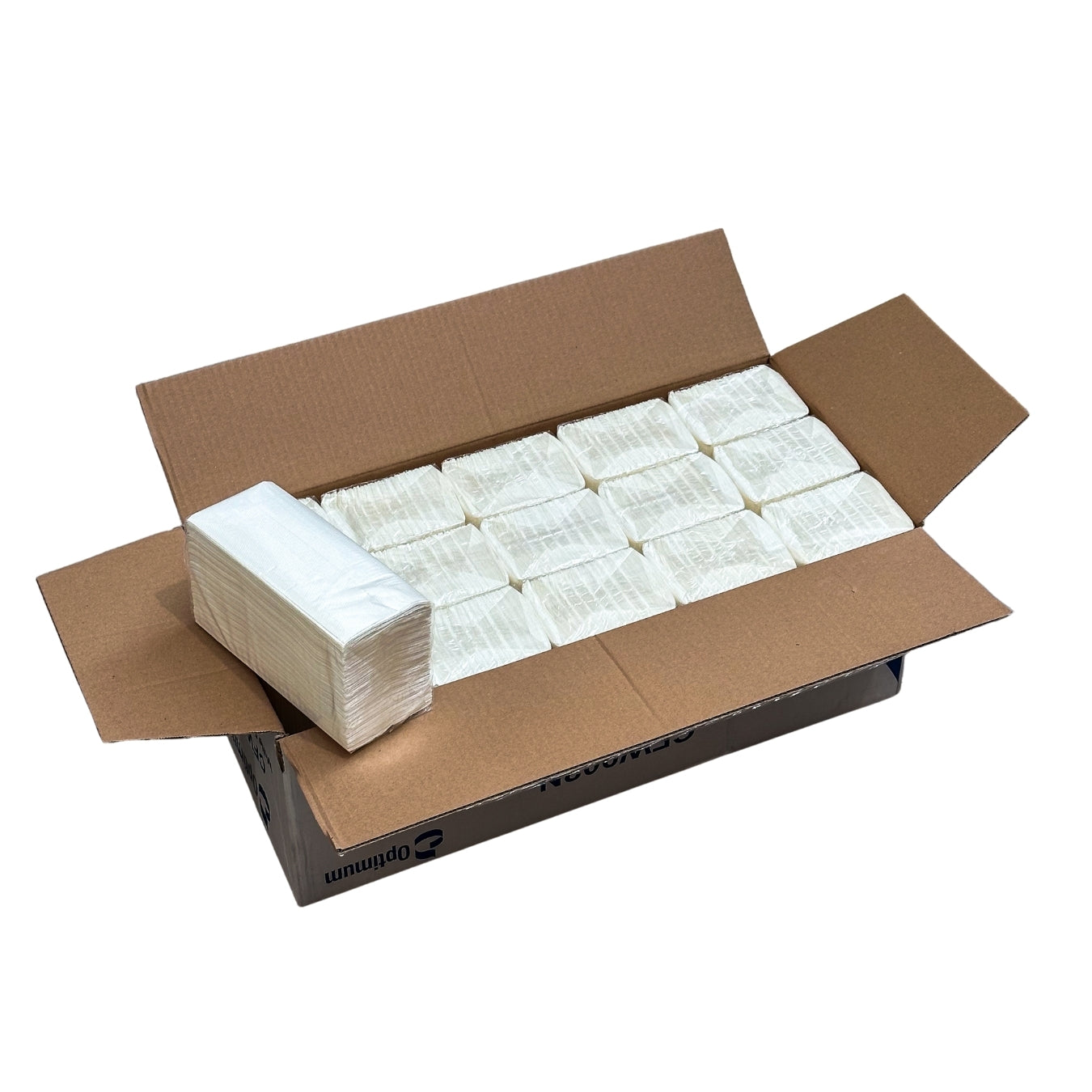 Open carton showing wrapped packs of white C-Fold paper hand towels