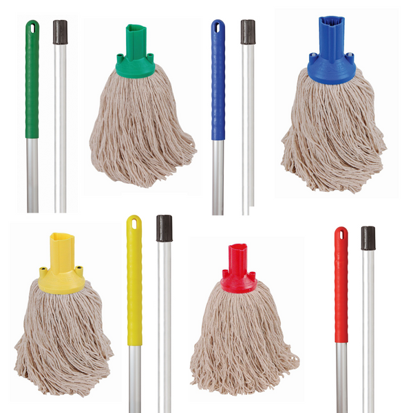 12oz cotton mop set with colour-coded handles for commercial and home floor cleaning
