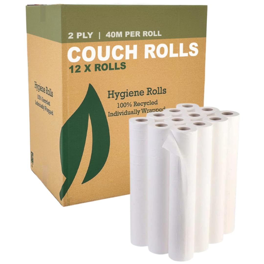 12-pack of 2-ply white couch rolls, 40m length, for beauty, medical and hygiene use