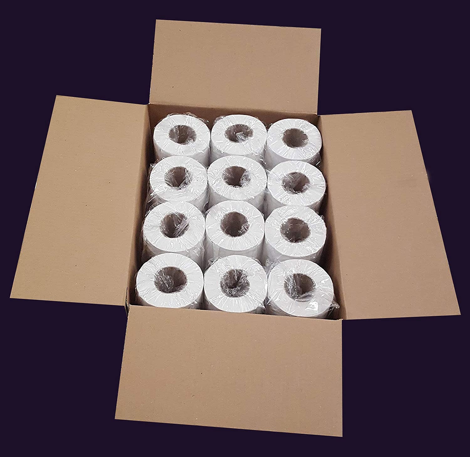 Open box showing 12 white couch rolls inside packaging