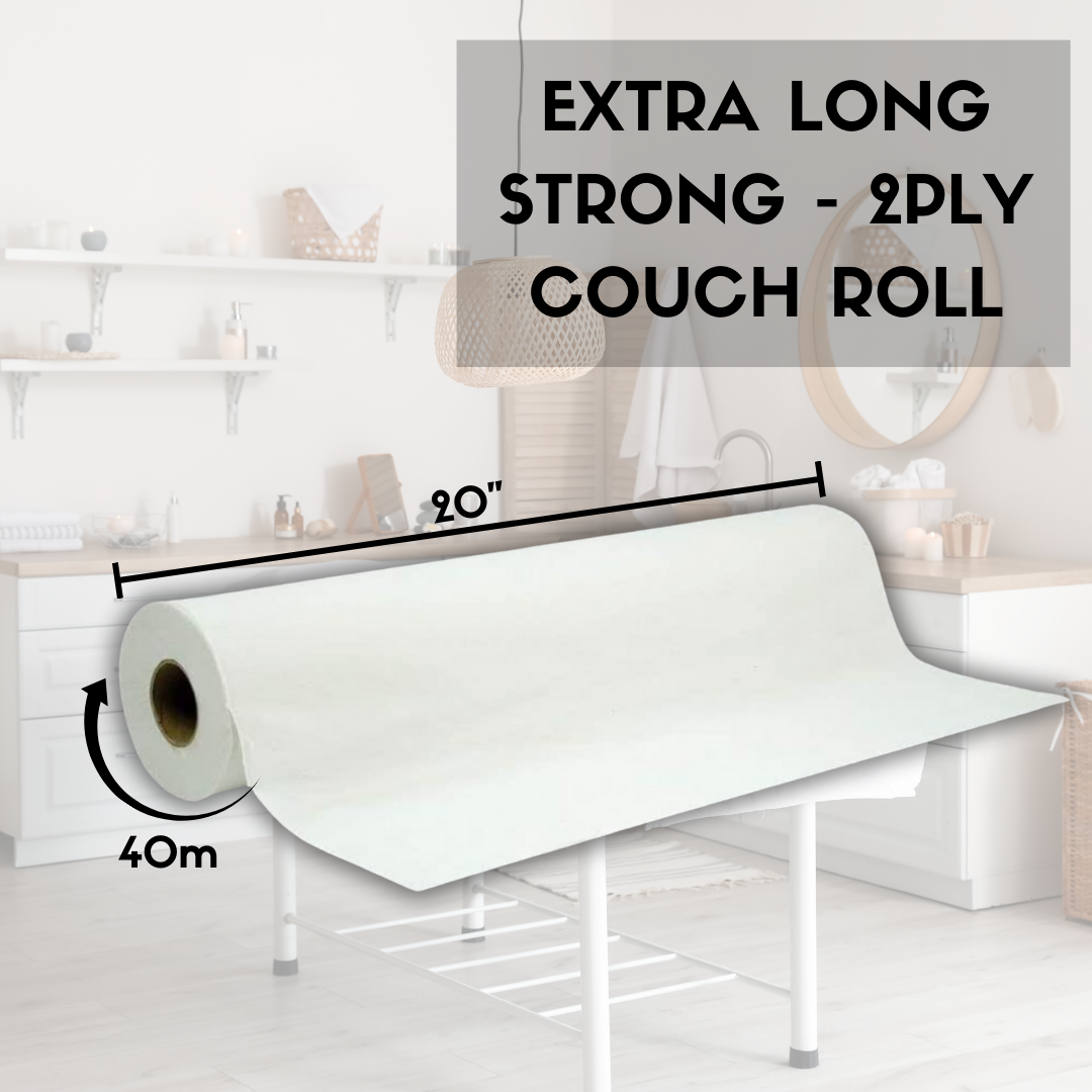 Extra-long 40m 2-ply white couch roll shown on a dispenser