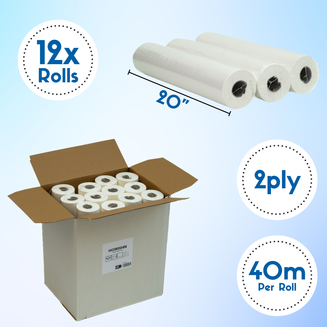 Couch roll 12-pack with product specifications including 2-ply, 40m and 500mm width