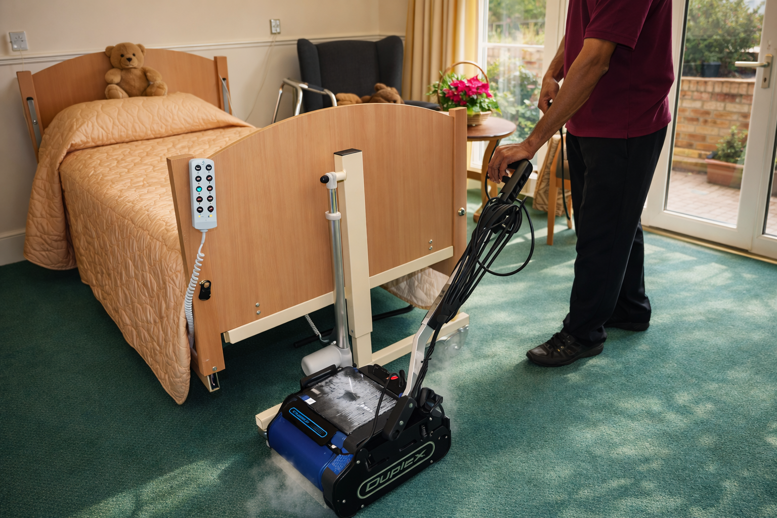 Duplex 340 industrial steam cleaner sanitising floors in professional environment