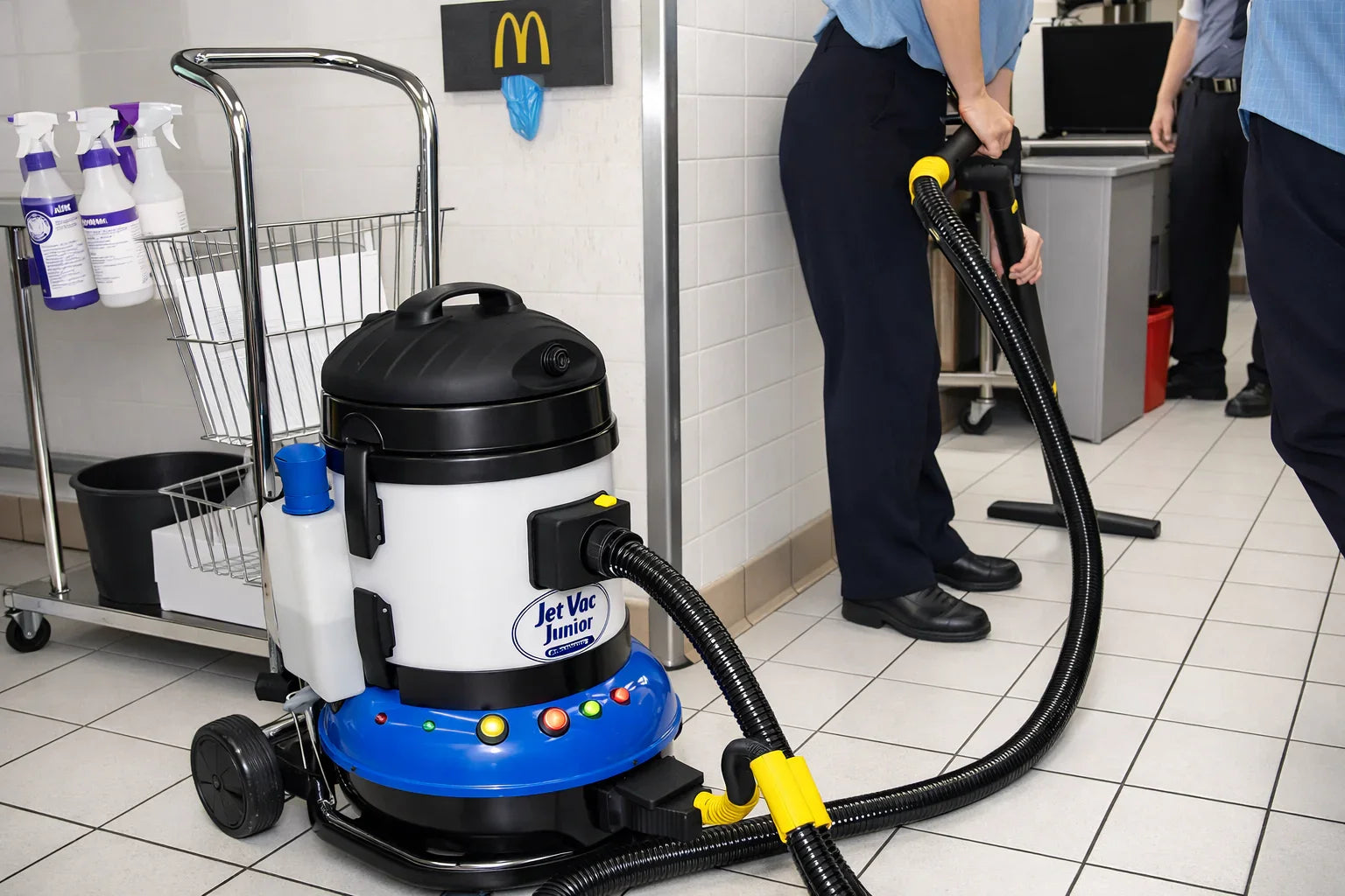 Duplex Jet Vac Compact industrial steam cleaner in use in commercial washroom or site environment