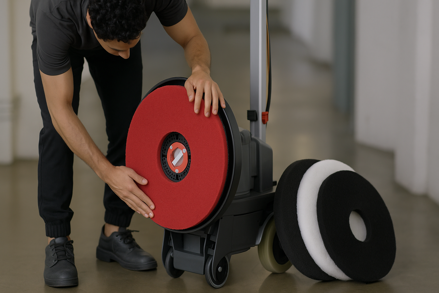 Operator fitting floor polishing pad onto rotary buffer machine for cleaning and maintenance