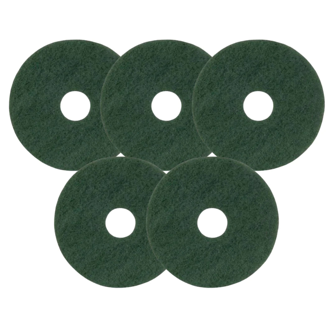 Set of 5 green scrubbing pads for medium-duty cleaning with rotary or orbital floor machines