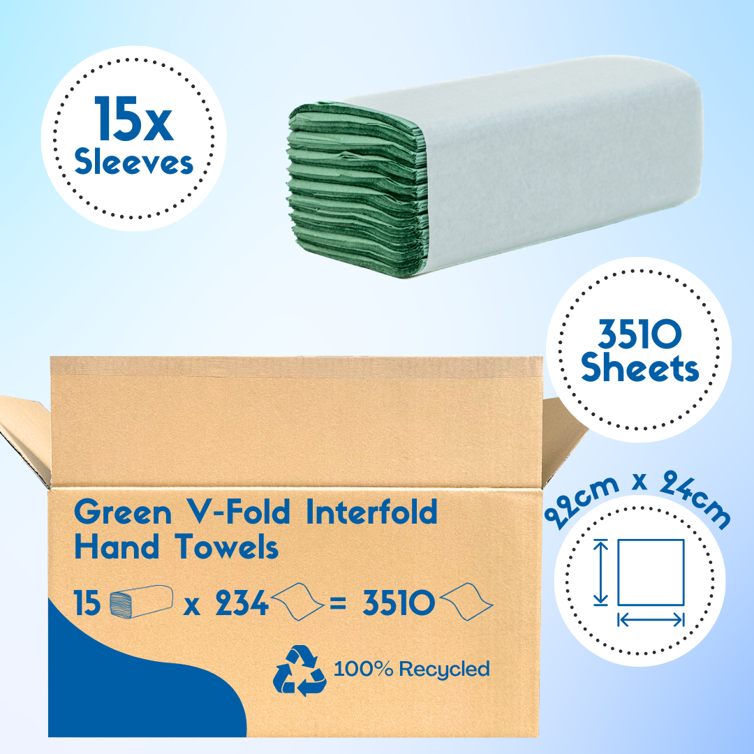 Packaging graphic highlighting 15 pack bulk supply of green interfold paper hand towels