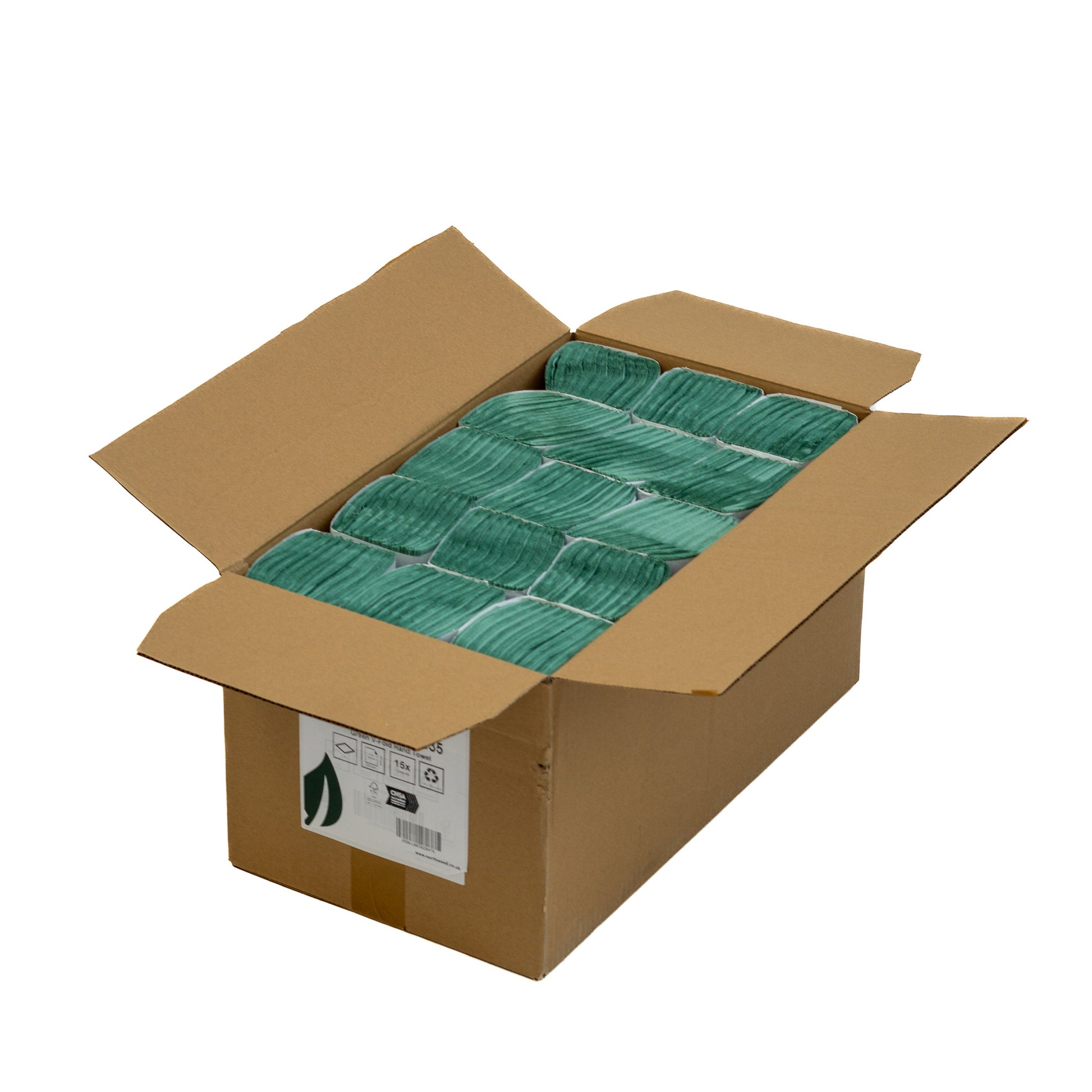Open box showing green interfold paper hand towels supplied in bulk case