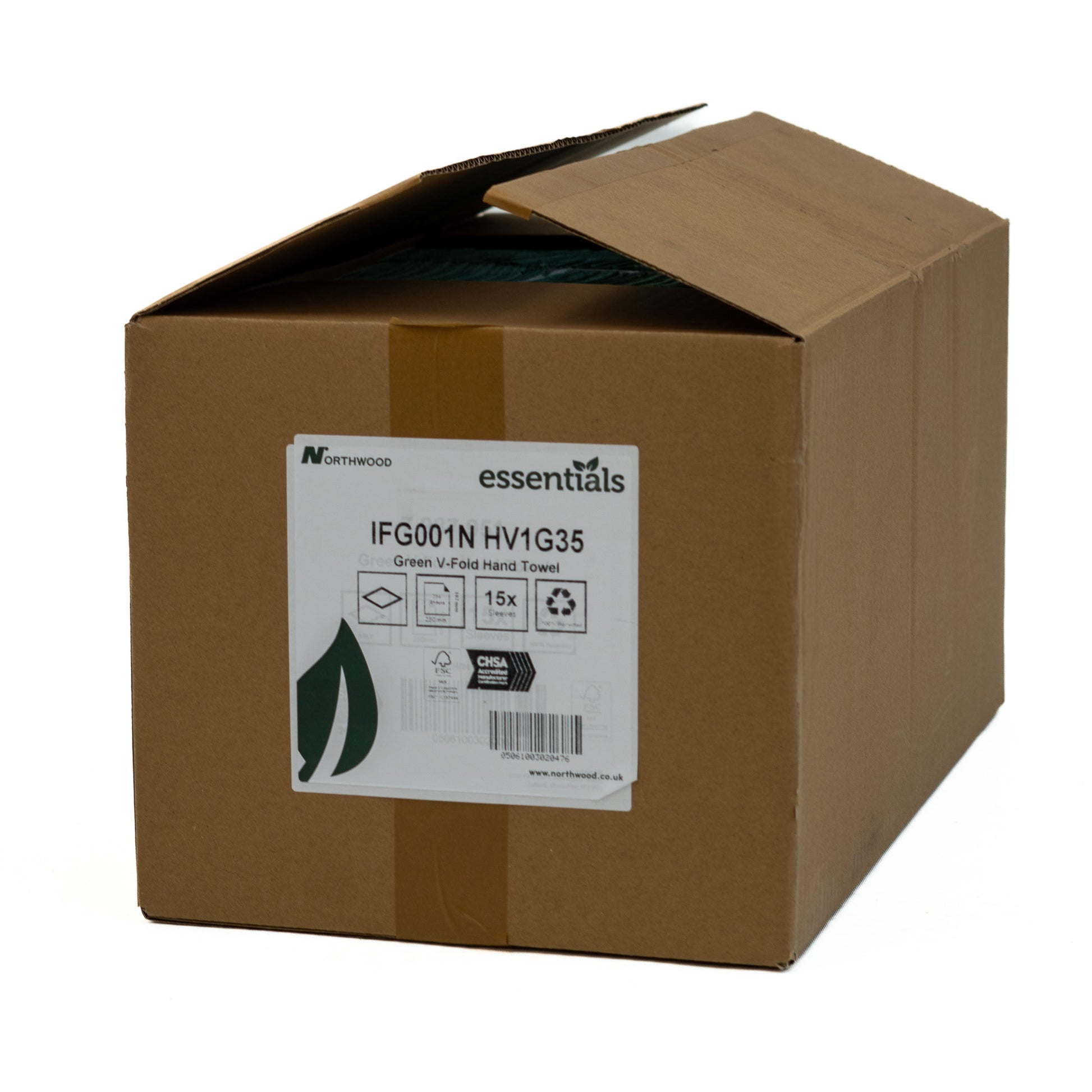 Closed carton of green interfold paper hand towels for commercial supply