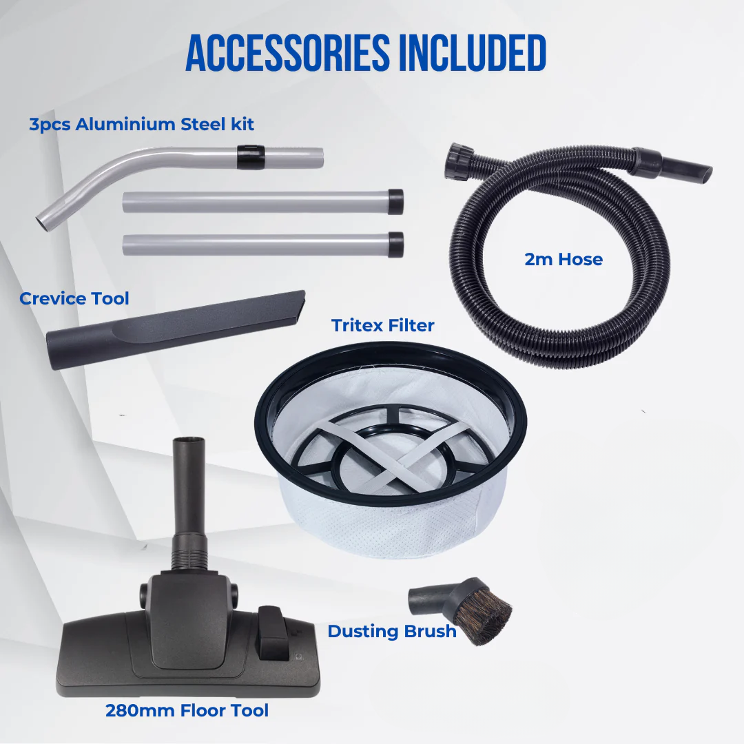 Accessory kit for Henry Hoover Black 8L including hose, wands, and floor tools