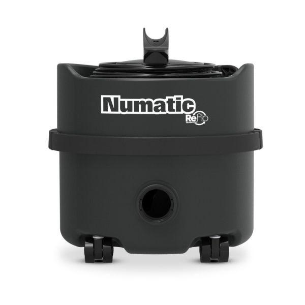 Front view of Henry Hoover Black 8L vacuum cleaner showing cable rewind and airflow outlet