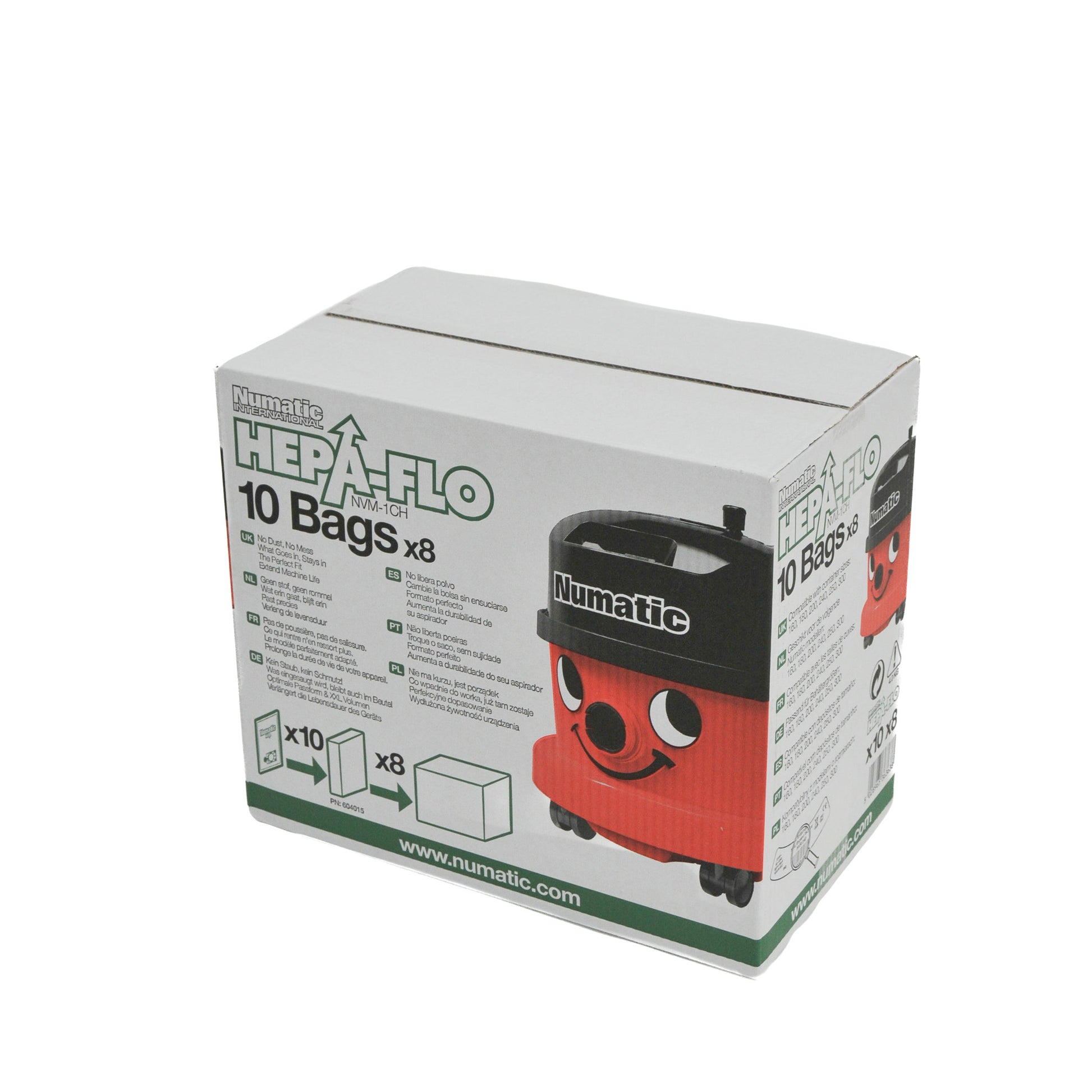 Close-up view of Henry NVM-1CH Hepa-Flo vacuum bag box highlighting genuine Numatic branding