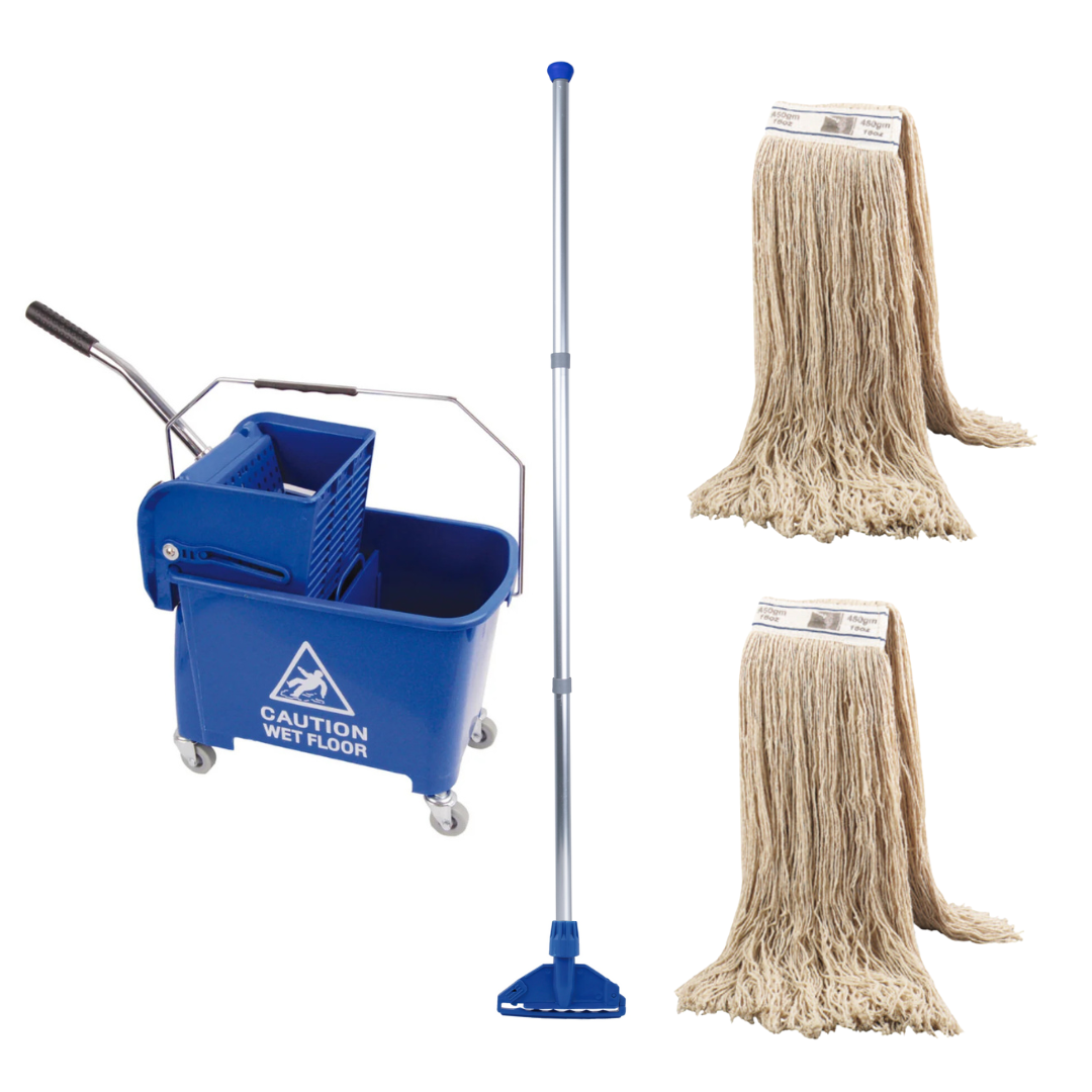 Blue Kentucky heavy-duty bucket and mop set for commercial and industrial floor cleaning