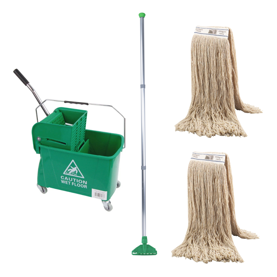 Green 20L Kentucky mop bucket with wringer and cotton mop for colour-coded cleaning systems