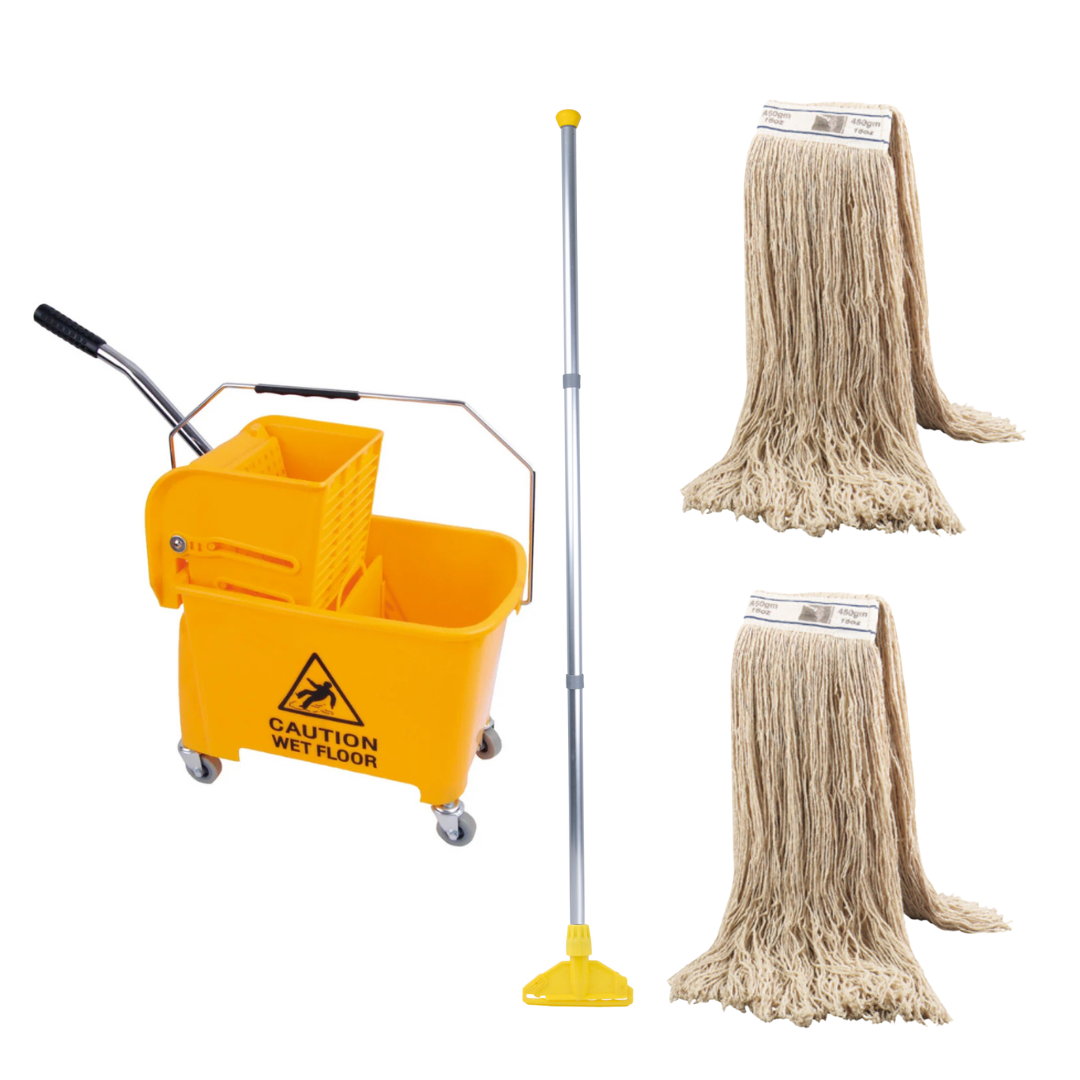 Yellow Kentucky mop and bucket set with wringer and cotton mop head for commercial cleaning