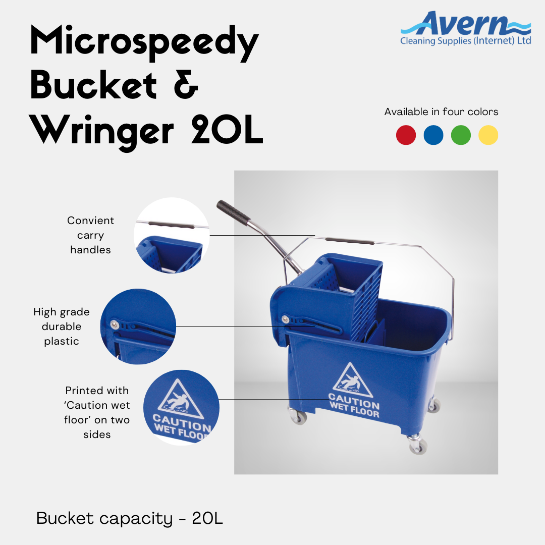 Blue 20L Kentucky mop bucket and wringer product information card with key specifications