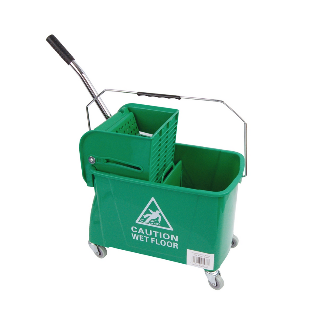 Green 20L Kentucky mop bucket with heavy-duty wringer on wheels for commercial cleaning