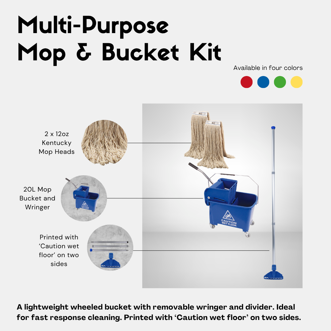 Blue Kentucky mop and bucket kit graphic showing wringer, mop head and hygiene colour coding
