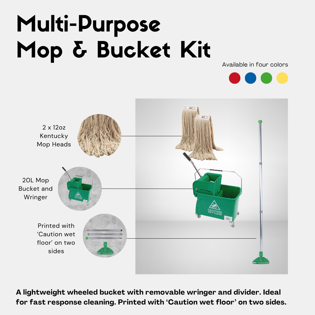 Product card featuring green Kentucky bucket with mop head and cleaning accessories