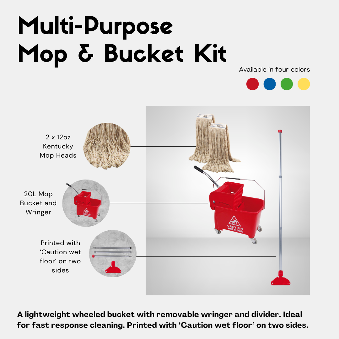 Multi-colour Kentucky mop and bucket kit options showing red, yellow, blue and green sets