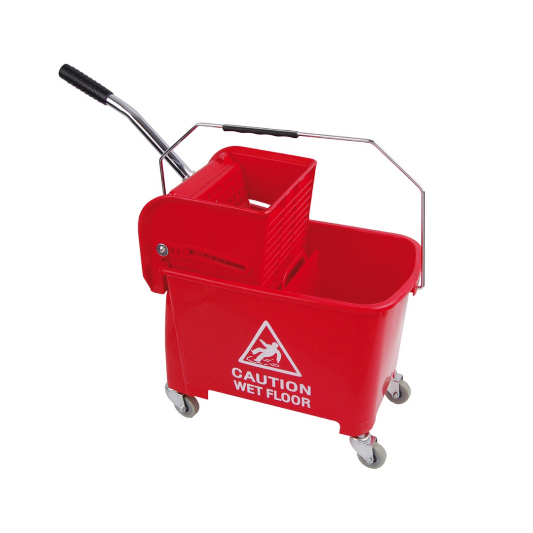 Angled view of red 20L Kentucky mop bucket with ergonomic handle and wringer