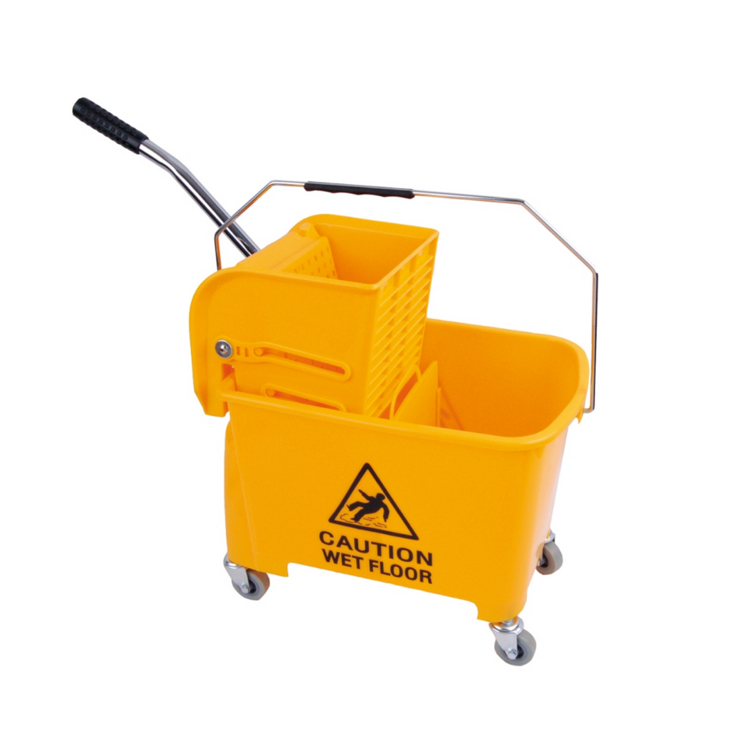 Angled view of yellow 20L Kentucky mop bucket with ergonomic handle and wringer