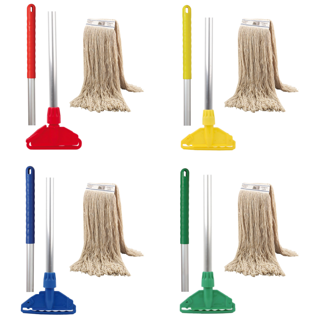 Kentucky Kentucky mop set with red, blue, yellow and green handles and 340g mop headsMop Head & Handle 340g