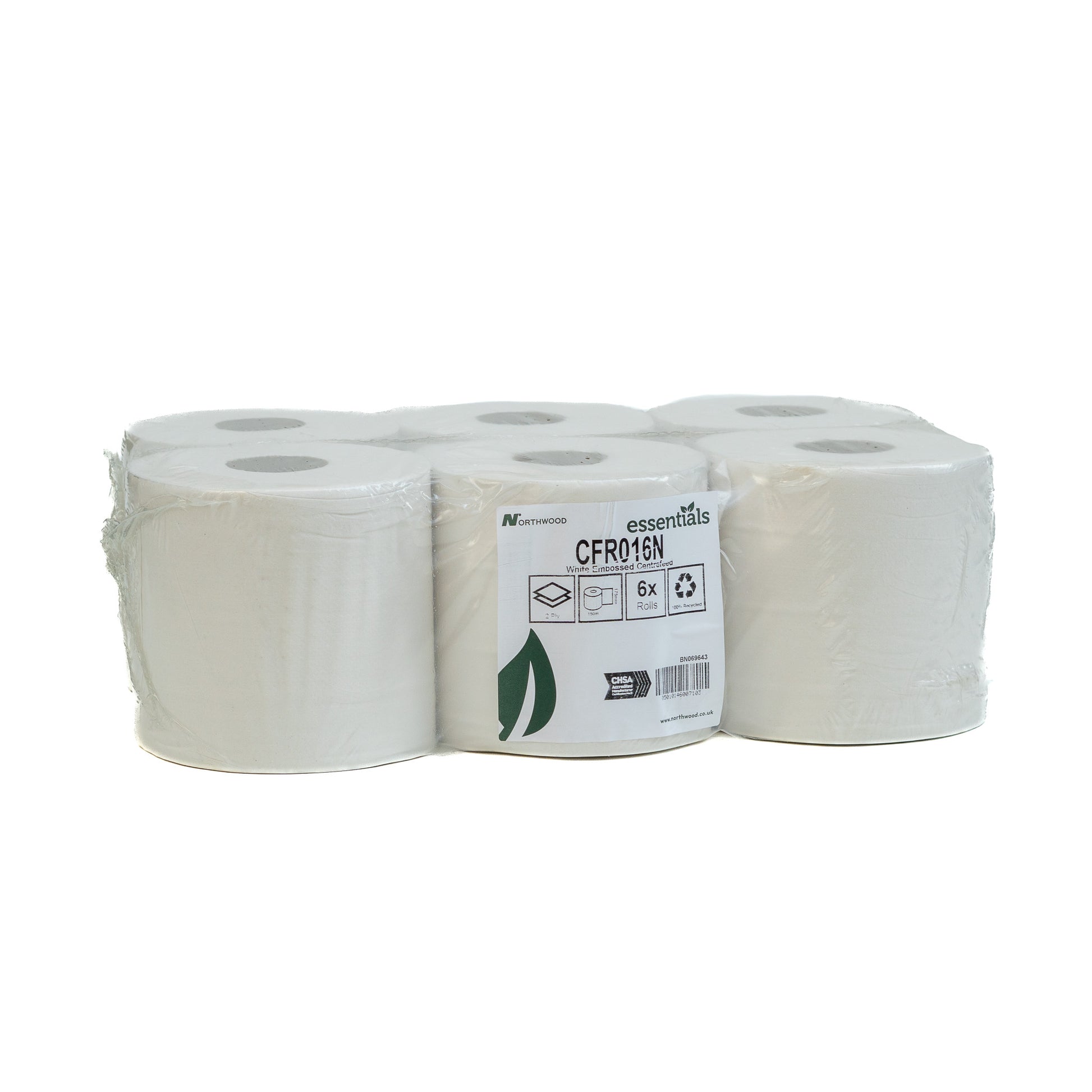 White centrefeed kitchen paper towel rolls 150m 6 pack for commercial kitchens and cleaning