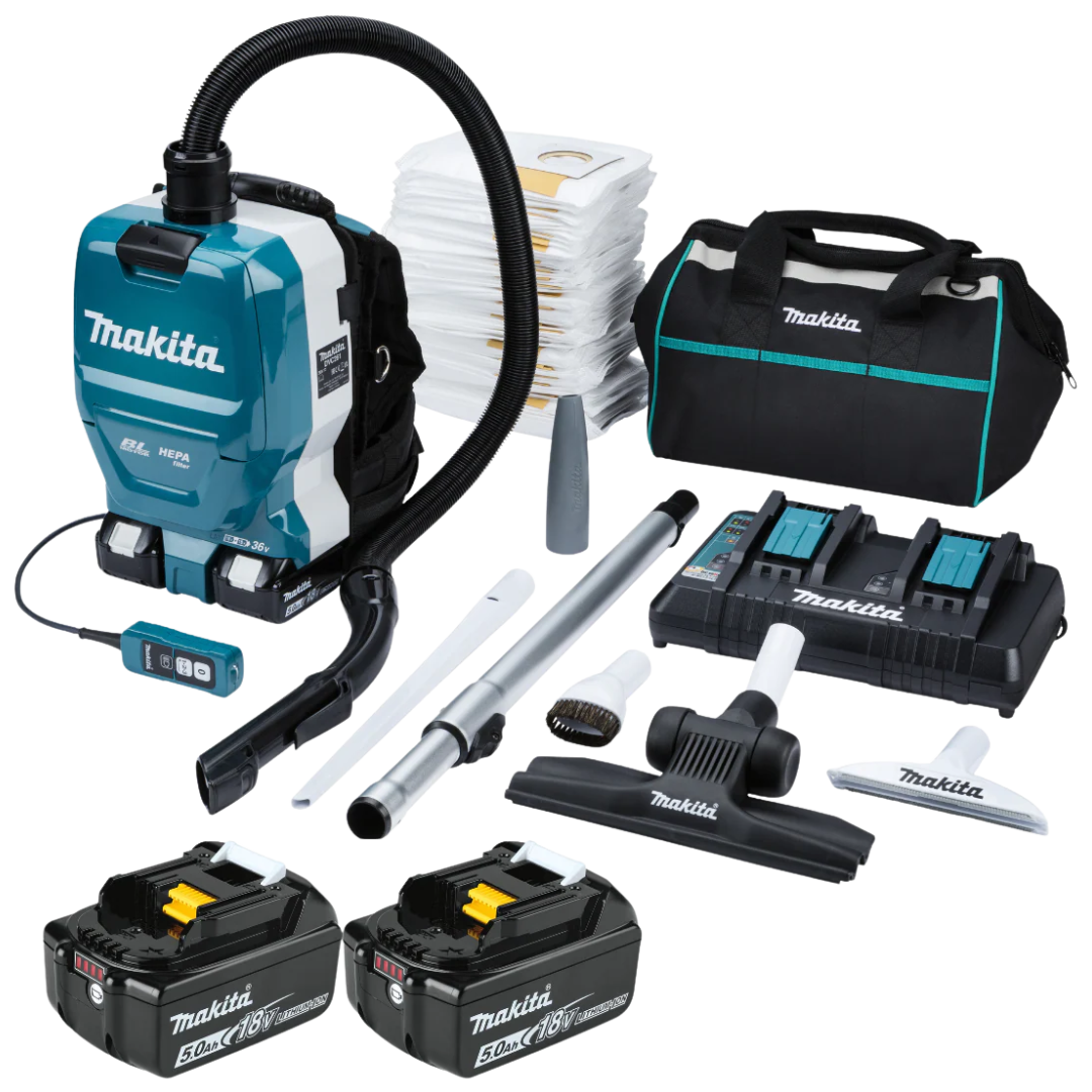 Makita DVC261TX25 Cordless Backpack Vacuum Cleaner full kit with twin 5.0Ah LXT batteries and charger