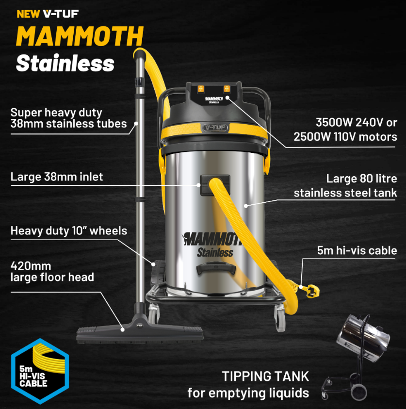 V-TUF MAMMOTH Warehouse Vacuum Cleaner 80L 3500W - Warehouse Bundle