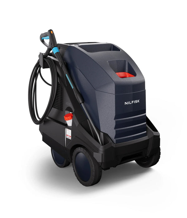 Nilfisk industrial hot pressure washer with hose and gun on large wheels