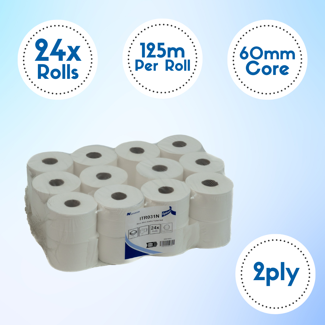 Micro mini jumbo toilet rolls showing 2 ply construction 24 roll pack and 125m length