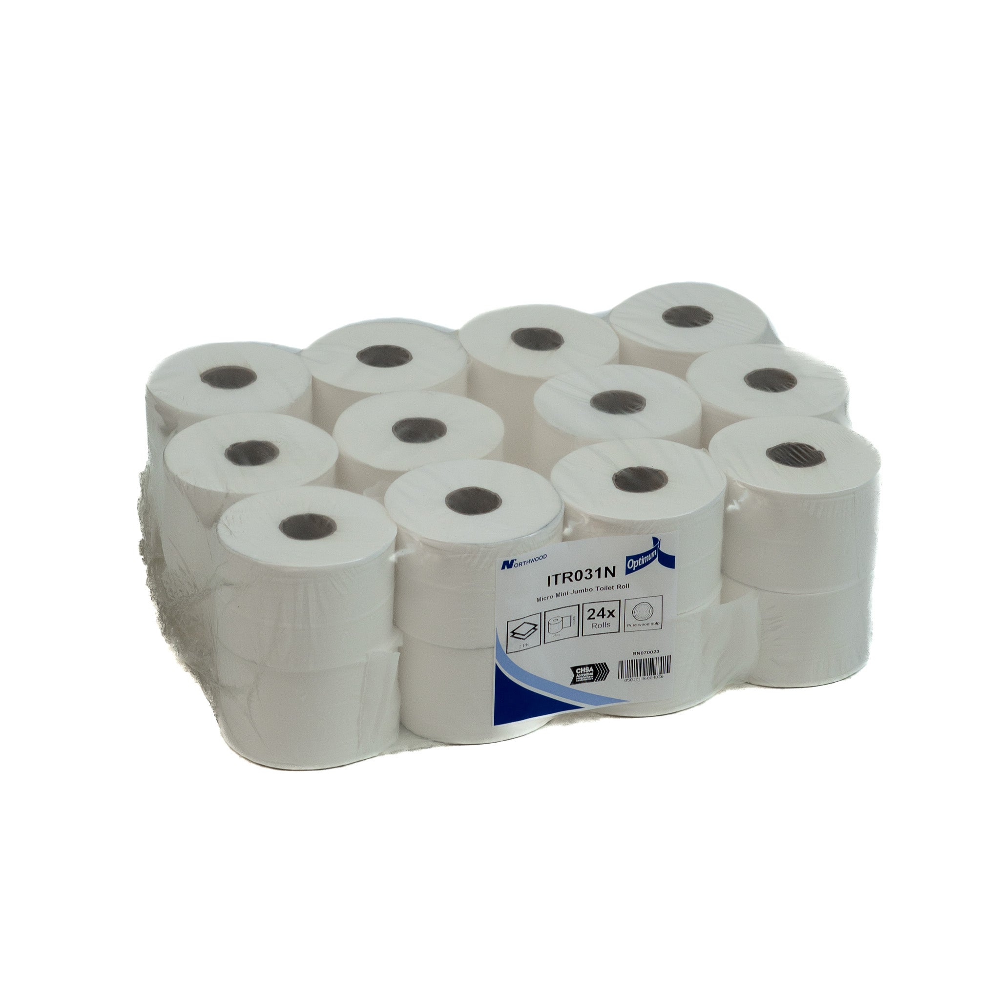 Wrapped pack of micro mini jumbo 2 ply toilet rolls for professional washrooms
