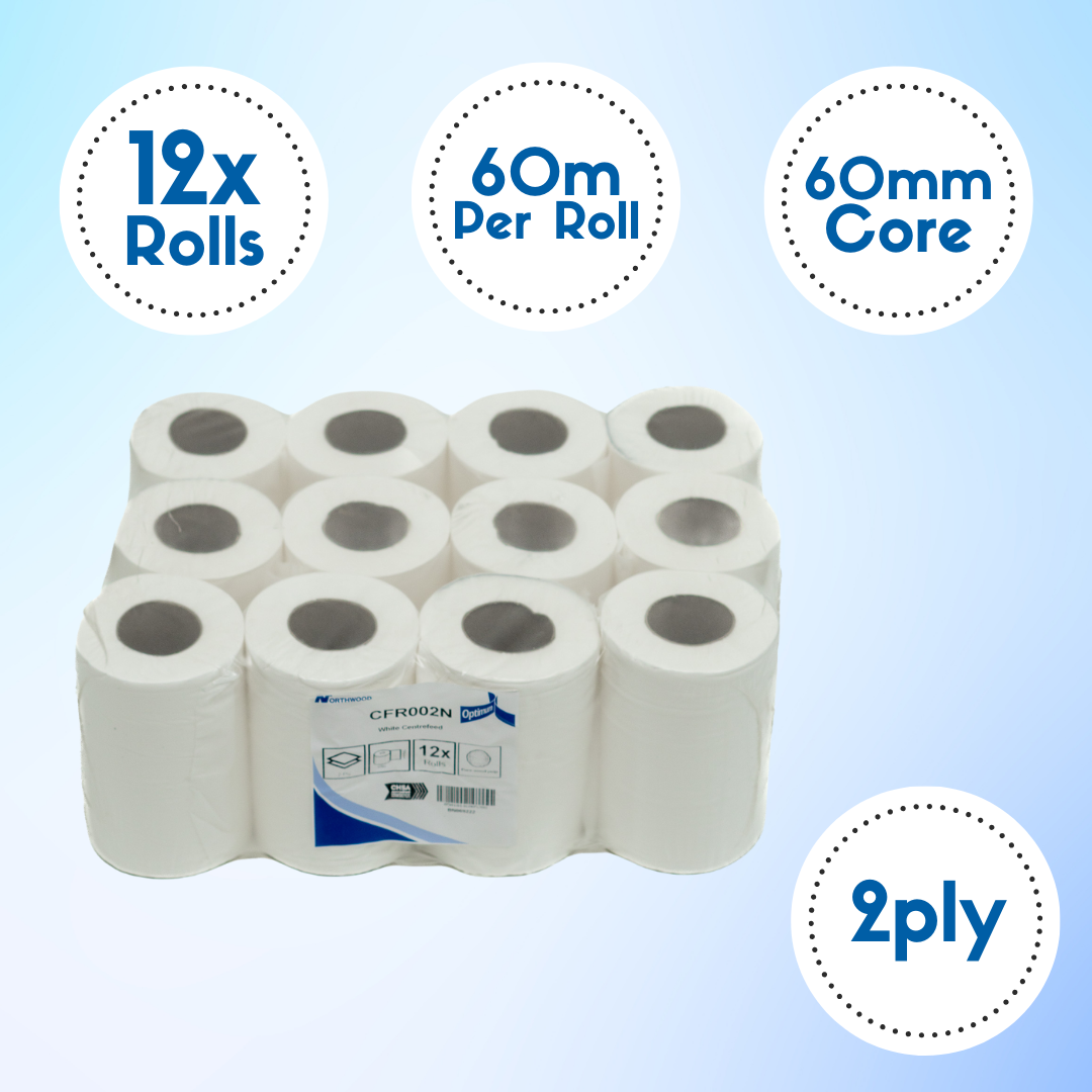 Packaging graphic showing 12 pack mini centrefeed rolls with 60m length, 195mm width and 2 ply construction