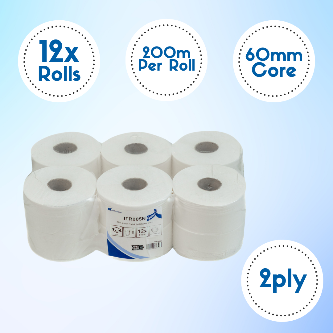 Mini jumbo toilet roll pack showing 12 rolls 2 ply 200m length and 60mm core size